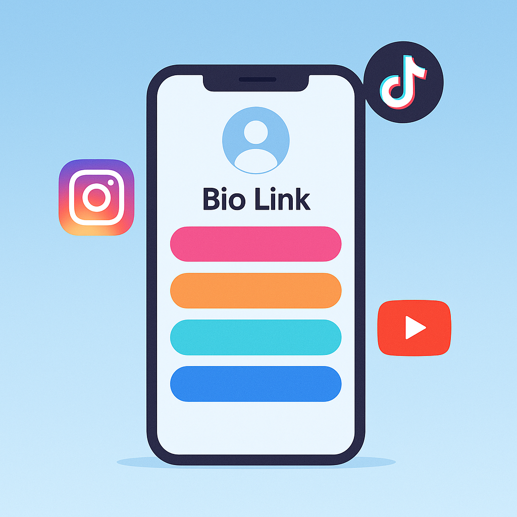 Illustration of a mobile phone displaying an optimized link in bio page with social media icons, showcasing digital marketing and link optimization strategy.